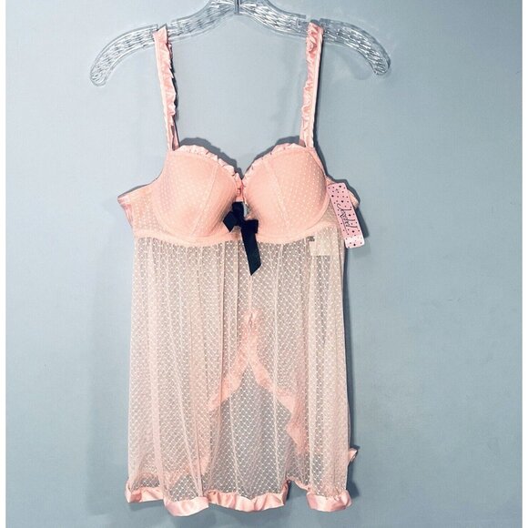 NWT‎ Sheer Mesh Pink Babydoll Chemise Women Medium Ruffle Fairy Y2K Coquette - Picture 1 of 14